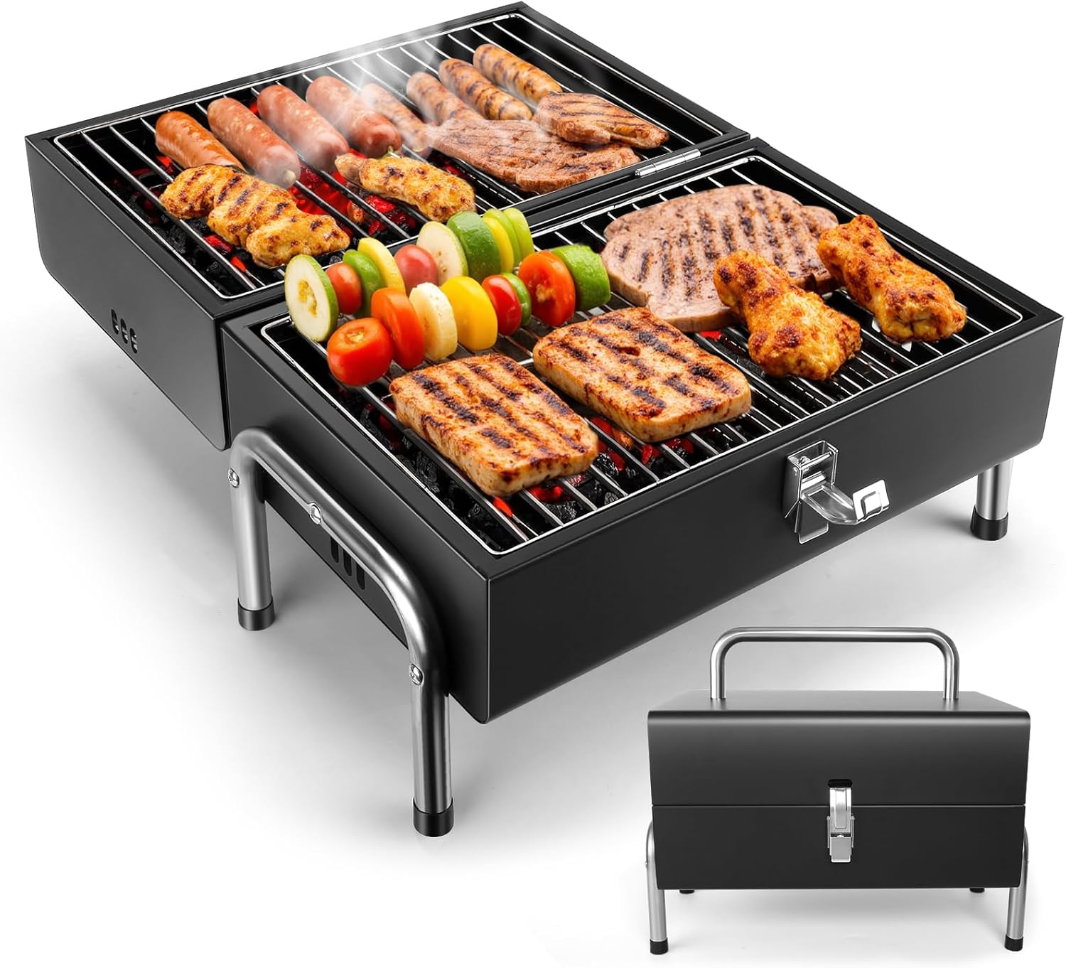 Portable Charcoal Grill, Table Top Small BBQ Grill For Outdoor, Camping, Beach, Easy Assembly, Heavy Duty & Multi-Use Small Grill, Black (270 Sq.In)