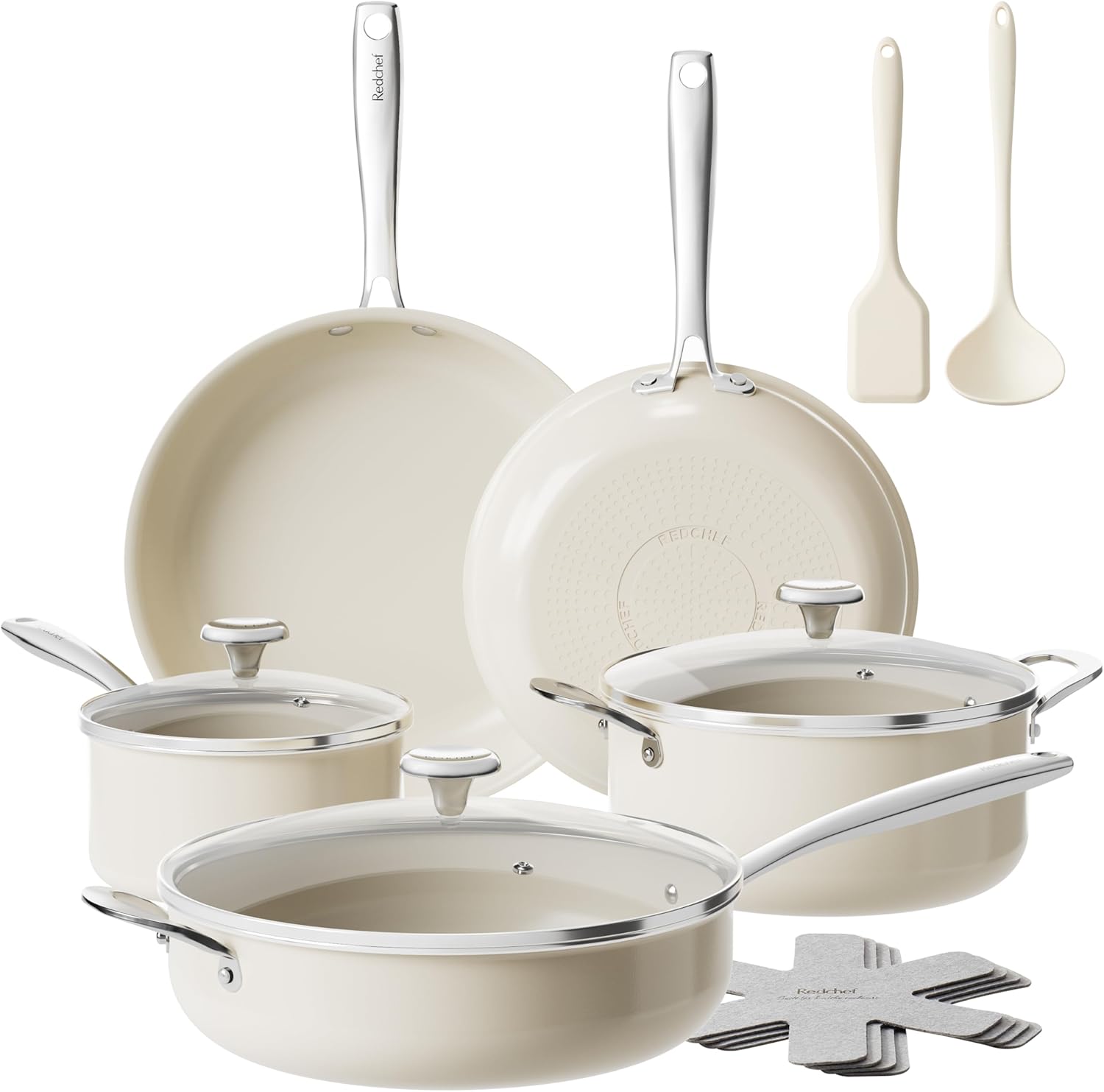 Redchef Ceramic Nonstick Cookware Set,14pcs Pots and Pans Set Non Stick,Induction hob pan Set with Stainless Steel Handle,Non Toxic Kitchen Cooking Set,Dishwasher/Oven Safe,PFAS PFOA & PTFE Free