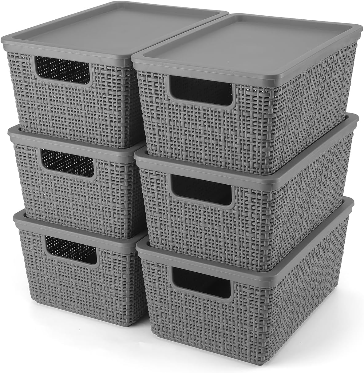 Plastic Storage Basket with Lids Set of 6 Lidded Storage Bins Shelf Baskets for Organizing Containers Small Baskets for Shelves Drawers Desktop Closet Playroom Classroom Office, Grey