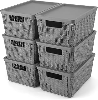 Plastic Storage Basket with Lids Set of 6 Lidded Storage Bins Shelf Baskets for Organizing Containers Small Baskets for Shelves Drawers Desktop Closet Playroom Classroom Office, Grey