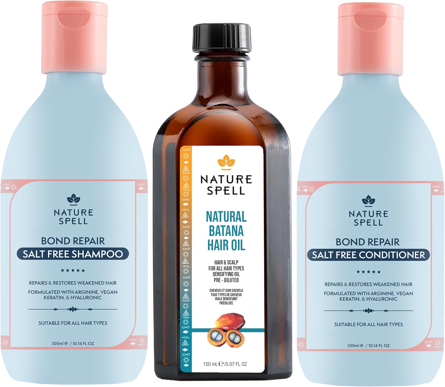 Nature Spell Hair Growth Trio for Dry, Damaged Hair, Includes Batana Oil, Bond Repair Shampoo and Conditioner, Restores, Strengthens and Thickens, Sulphate-Free, Vegan, Pack of 3