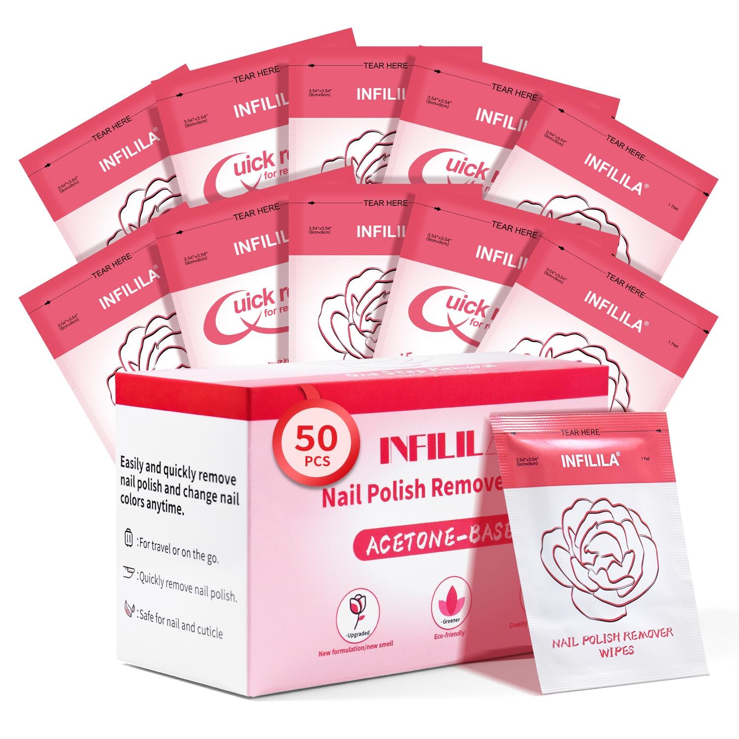 NXJ INFILILA Nail Polish Remover Pads, 2024 Newest Nail Polish Remover Wipes, 50PCS Quick Nail Polish Remover Wipes, Individually Wrapped Nail Polish Remover Wet Wipes for Removing Nail Polish