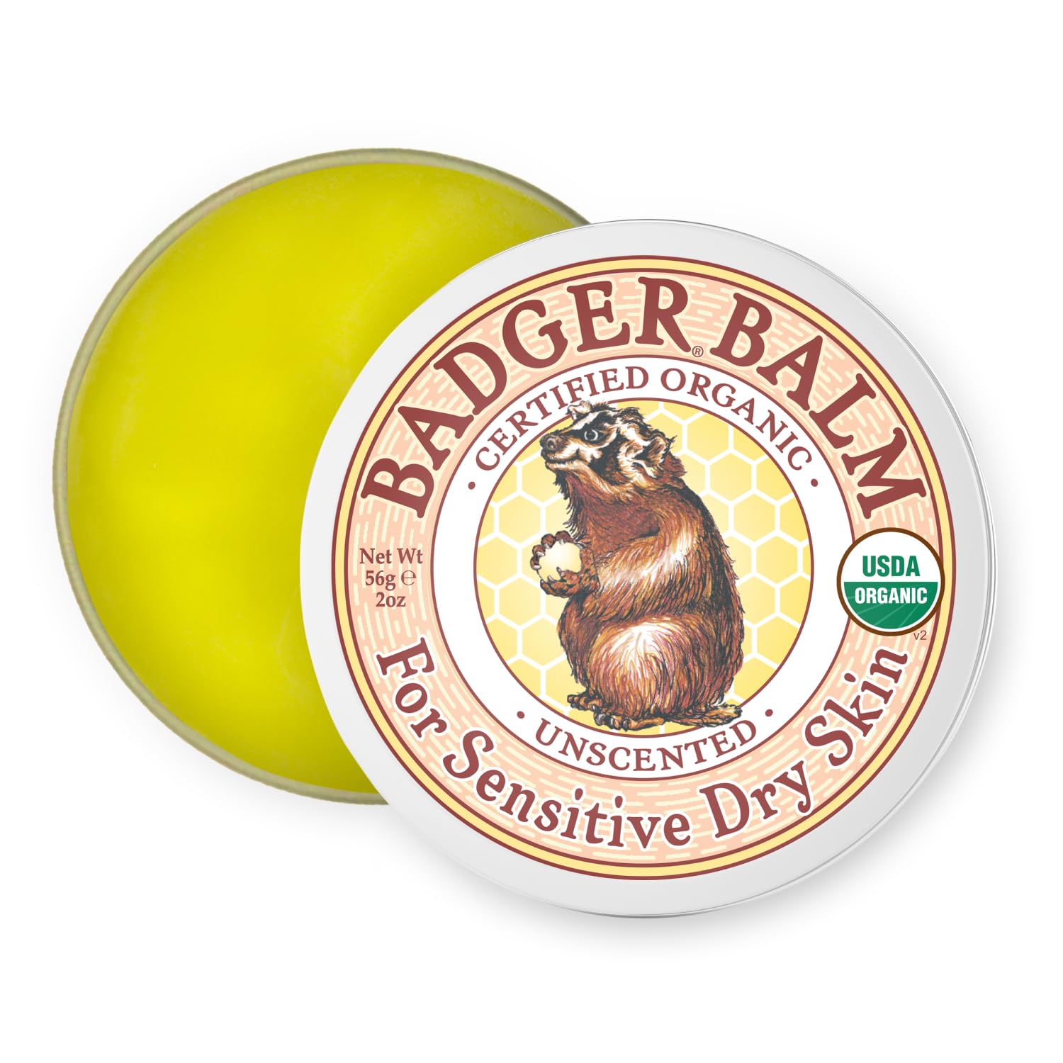 Badger Balm Unscented, 100% Organic Olive Oil & Beeswax, Fragrance Free Hand Cream, Long Lasting Sensitive Skin Moisturizer, 2 oz Tin