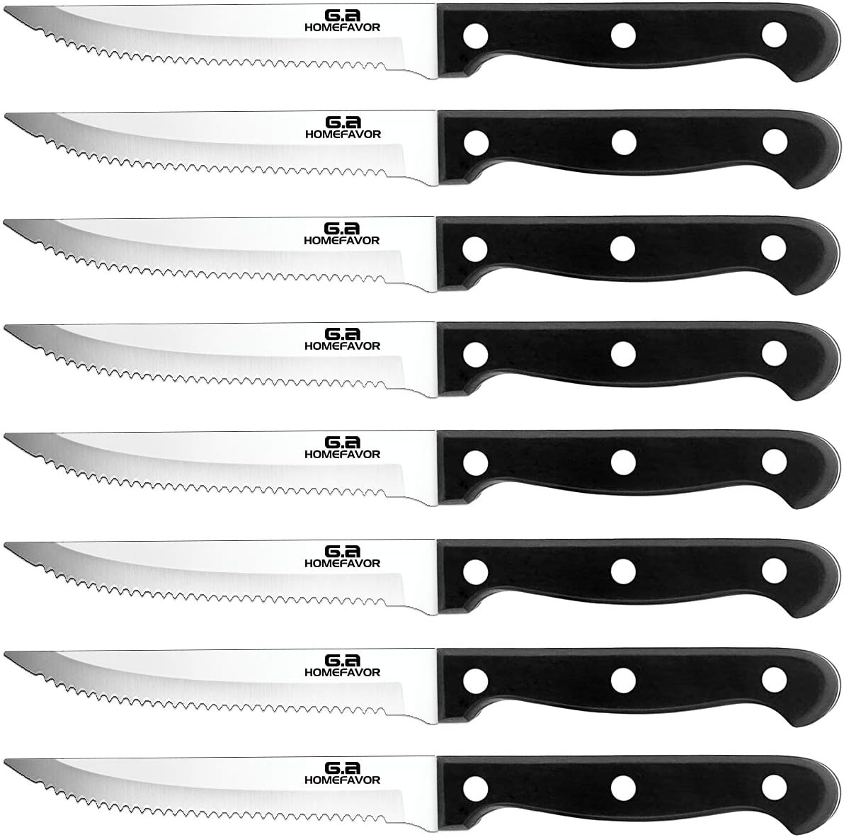 G.a HOMEFAVOR Steak Knife Set Stainless Steel, 8 Pieces Full Tang Sharp Serrated Knives Cutlery Set, Black