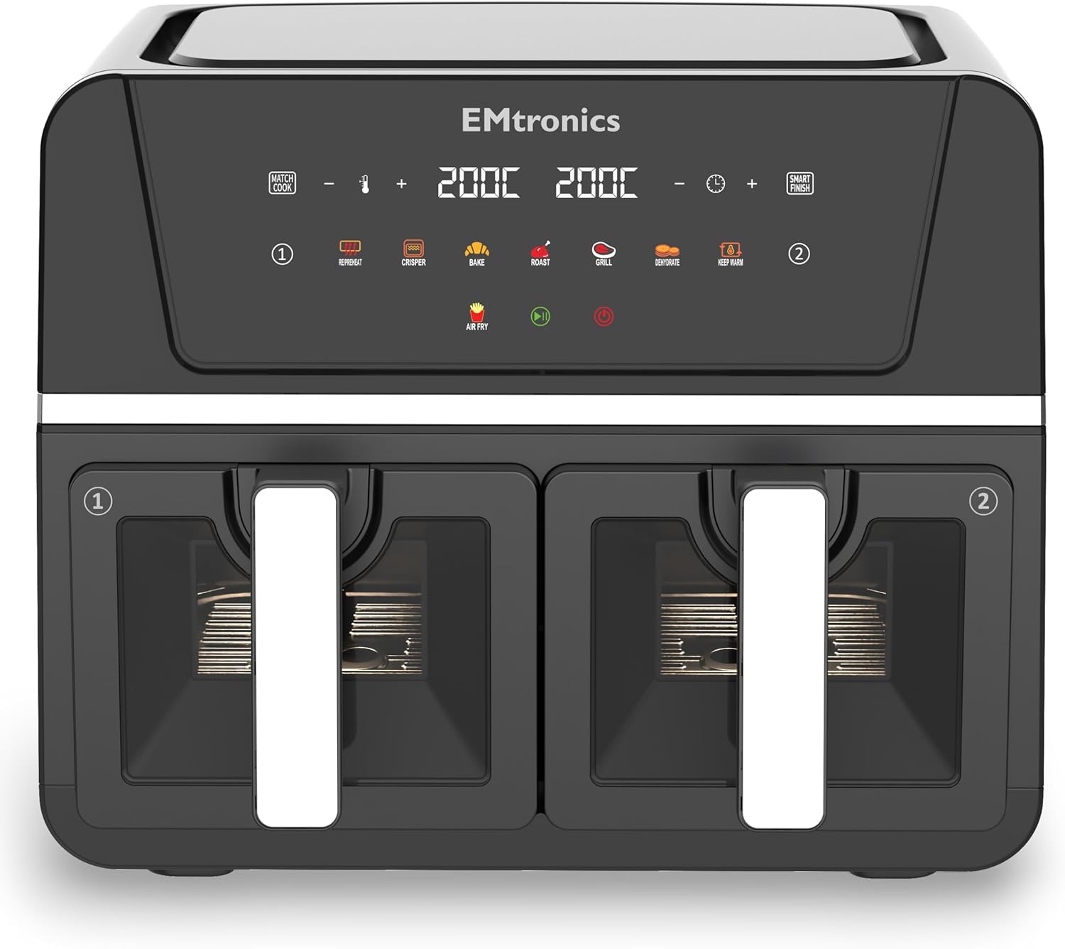 EMtronics 9L Dual Zone Air Fryer with Windows 2400W Family Size, 8 Preset Cooking Mode, Match Cook & Smart Finish Functions, 9 Litre - Black