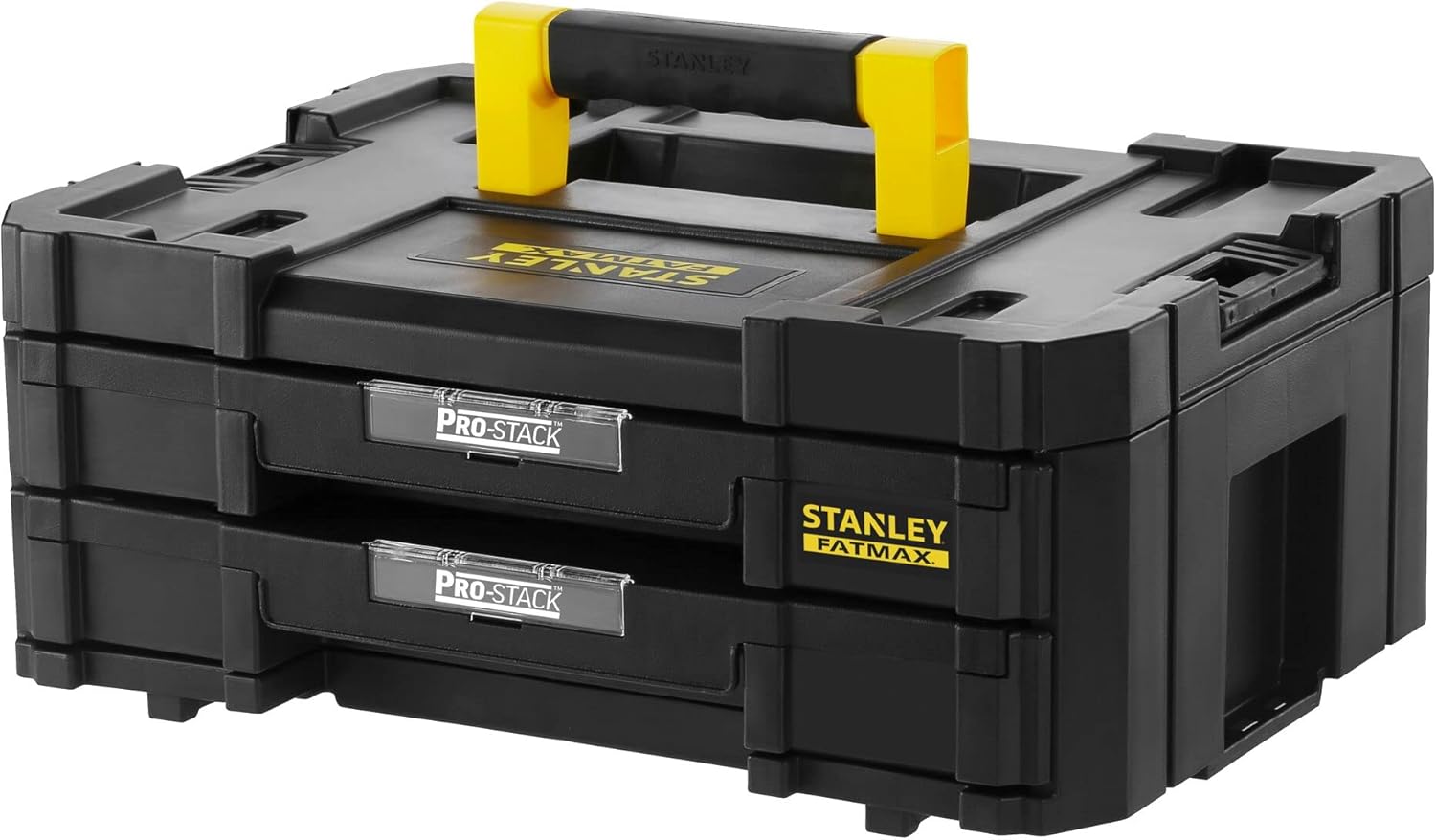 STANLEY FatMax® PRO-Stack™ 2 Shallow Drawers This STANLEY® FatMax® PRO-Stack™ Box has 2 Shallow Drawers, Each Drawer has dividers for Customisable Storage of Small Parts and Accessories