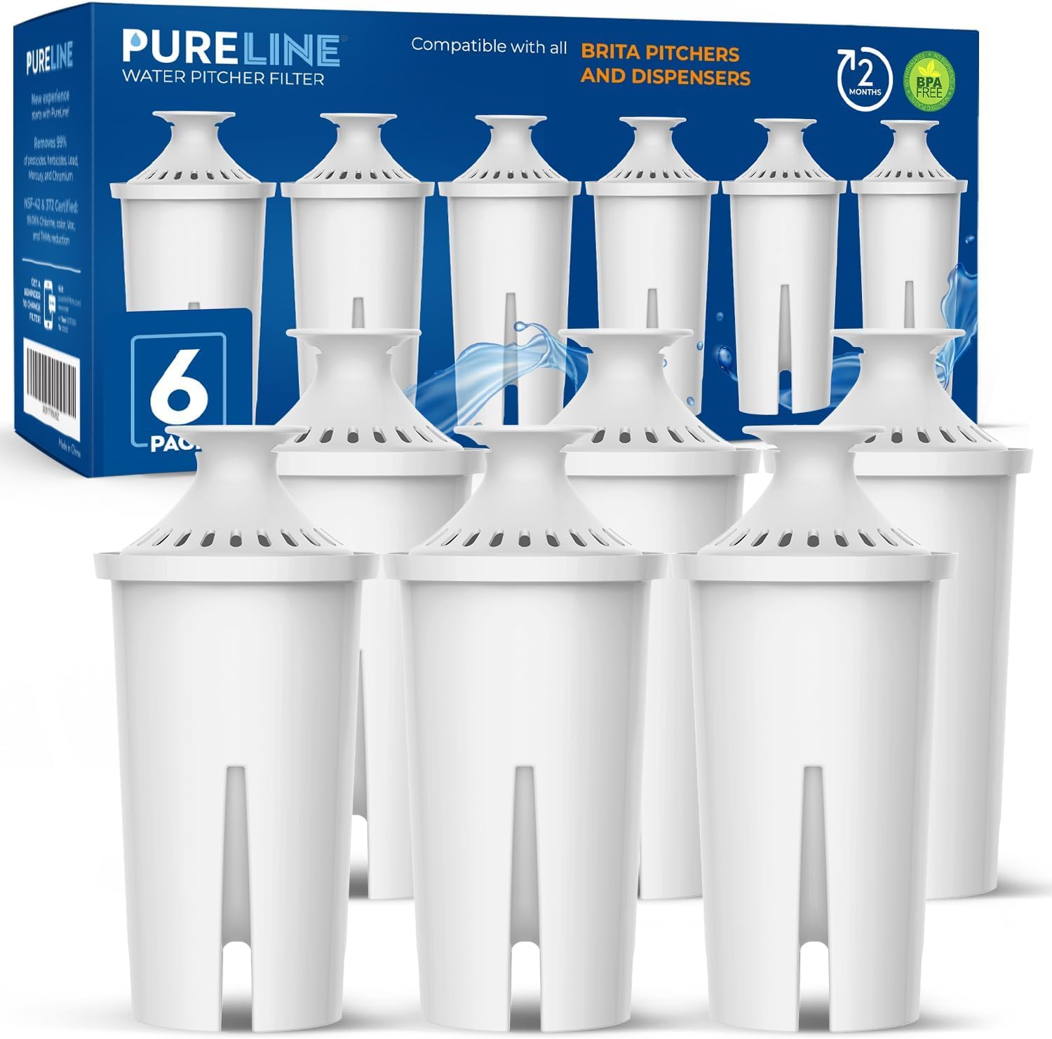 Pureline Replacement for Brita® Filter, Pitchers and Dispensers, Classic 35557, OB03, Mavea® 107007, Replacement for Brita® Pitchers Grand, Lake, Capri, Wave and More (6 Pack)