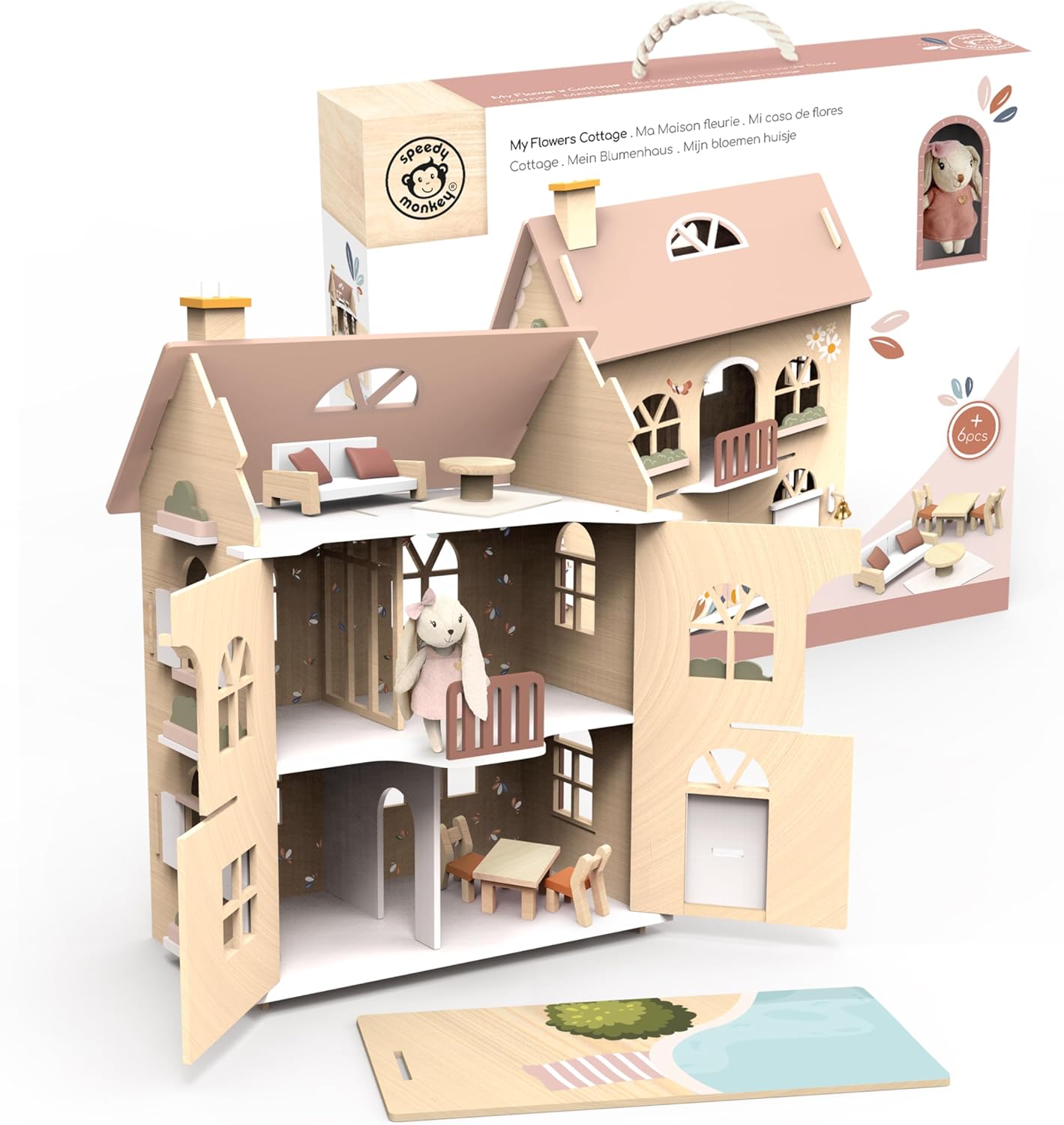 SPEEDY MONKEY Flowers Cottage Wooden Playset with Starter Set | Pretend Play Doll House for Toddlers & Preschoolers | Fun Playhouse for Boys & Girls, Ideal for Imaginative Storytelling