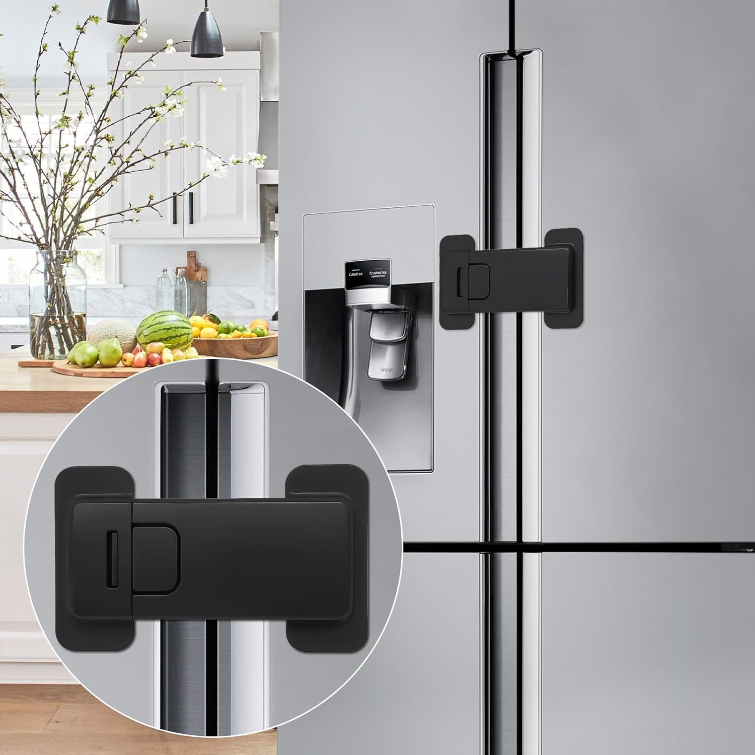 French Fridge Locks for Kids, 1 Pack Baby Safety Refrigerator Lock, Pet/Child Proof Freezer Latch, Cabinet Cupboard Lock with 3M Adhesive, Tool-Free, Drill-Free Install (Matte Black)