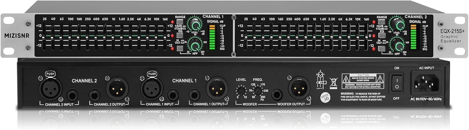 Stereo Graphic Equalizer 15-Band EQ for Home Audio System, Rack Mount Dual Channel Pro DJ Equalizer with Subwoofer Output, Noise Reduction (EQX-215S)