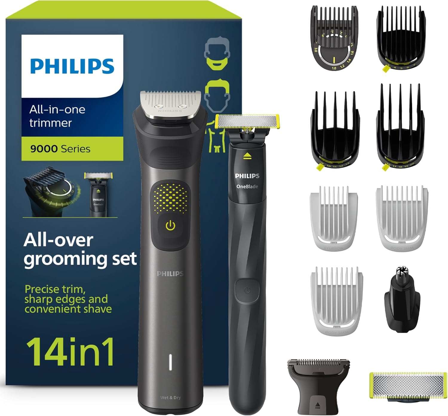 Philips Series 9000 14-in-1 Trimmer + OneBlade, Precise Trim, Sharp Edges, Convenient Shave, Premium Toiletry Bag, Extra OneBlade Blade (Model MG9550/15)