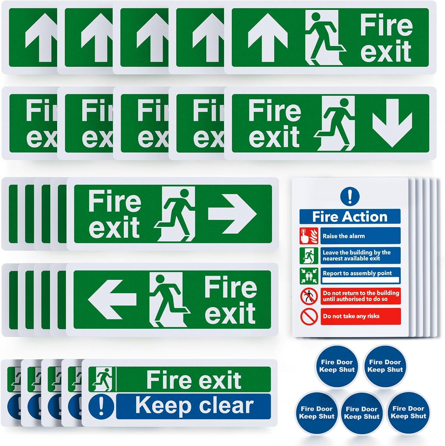 35pcs Premium Fire Exit Sign Kit (Right, Left, Up, Down Arrow) - Fire Action Notice Sign, Keep Clear, Door Keep Shut, Self Adhesive Vinyl Sticker EN ISO 7010 Compliant