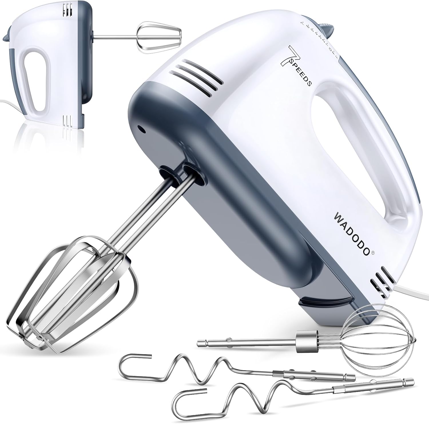 WADODO 200W Electric Hand Mixer, 7-Speeds Small Handheld Mixer with 304 Stainless Steel Beaters, Dough Hooks & Whisk Attachment, Portable Food KitchenMixer for Baking Cake Cookies Cream