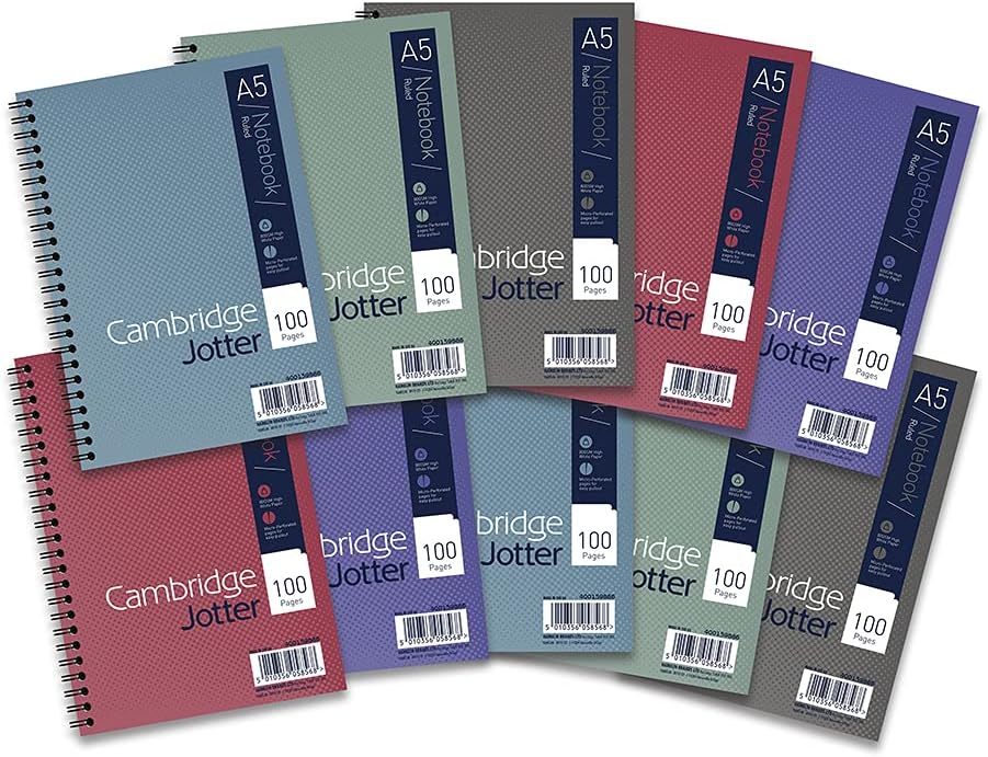 Cambridge Jotter A5 Notebook, Wirebound, 8 mm Lined with Margin, 100 Pages, Pack of 10 Notepads, Green, Blue, Grey, Red, Purple