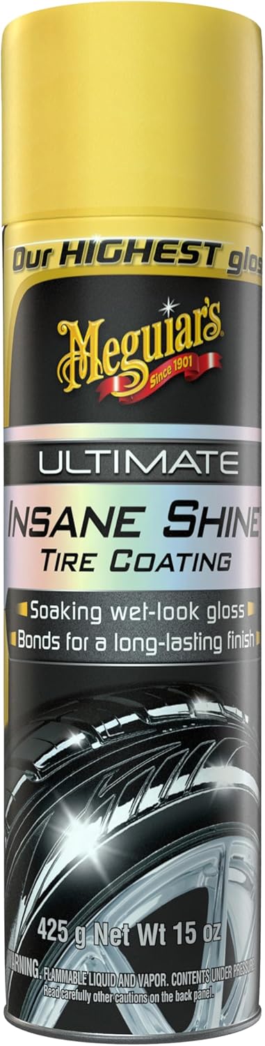 Meguiar's G190315 Ultimate Insane Shine Tire Coating, gives a Finish that Creates a Lasting Wet-Look for a Classic Black Shine, Easy to Use, No Hassle, No Mess, Ultimate Protection, 15 Oz Aerosol Can