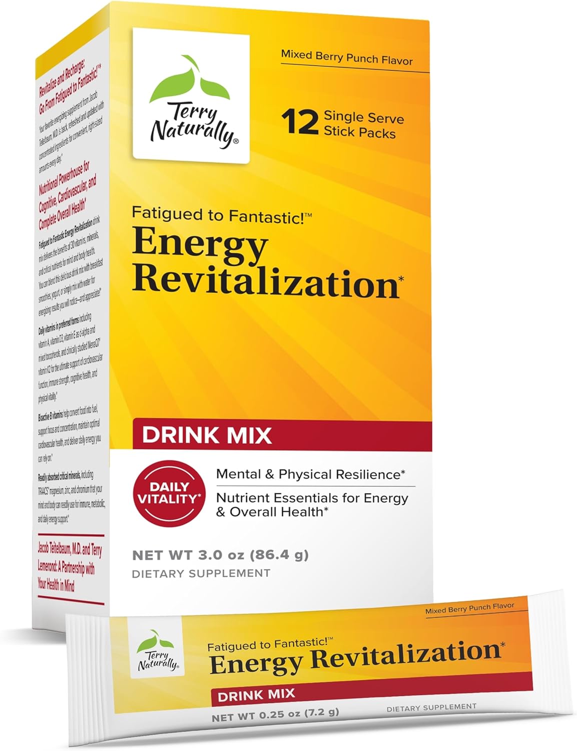 Terry Naturally Fatigued to Fantastic Energy Revitalization - Drink Mix for Energy with L-Tyrosine, Vitamins A, D3, E & B - Supports Heart Health - 12 Individual Packets (12 Servings)