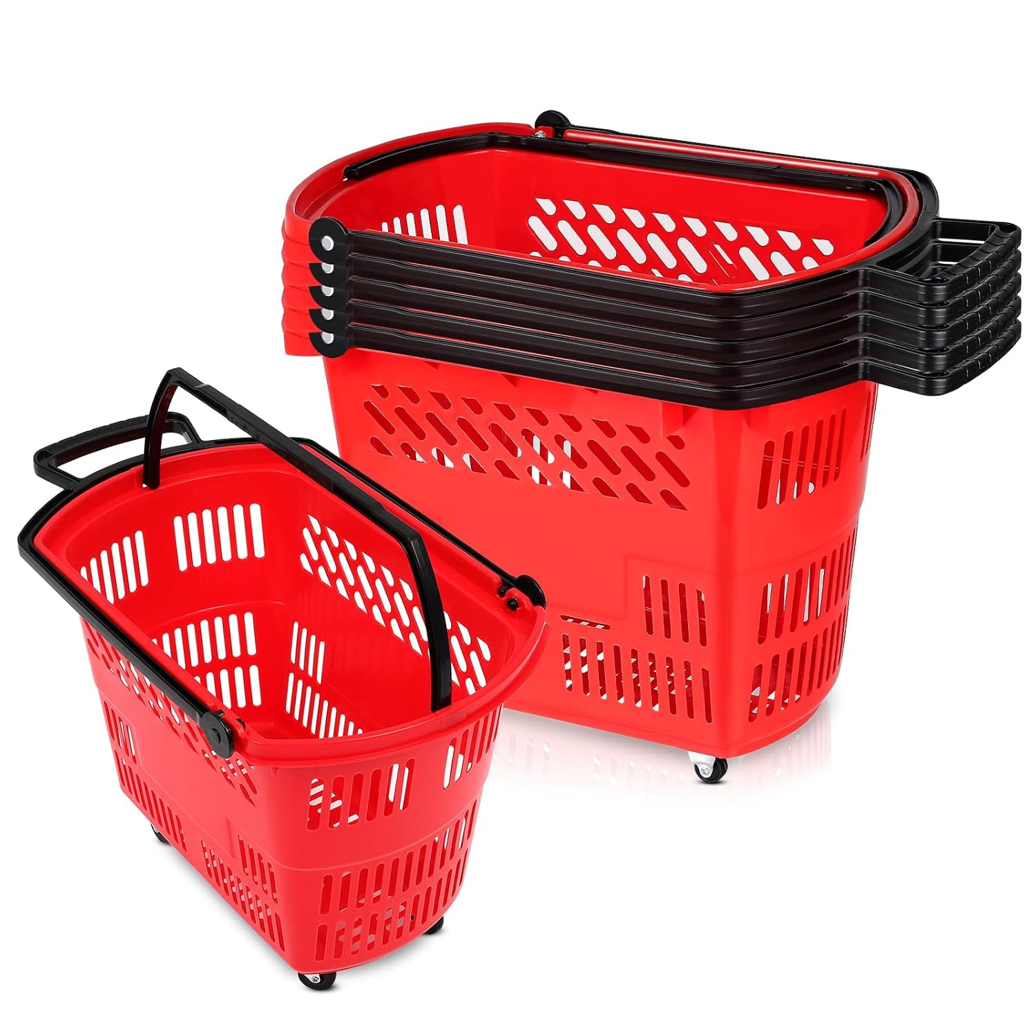 FAHKNS Red Shopping Carts with Wheels, 6PCS 35L Portable Shopping Baskets Set, Grocery Basket with Handles for Supermarket, Retail Store, Laundry