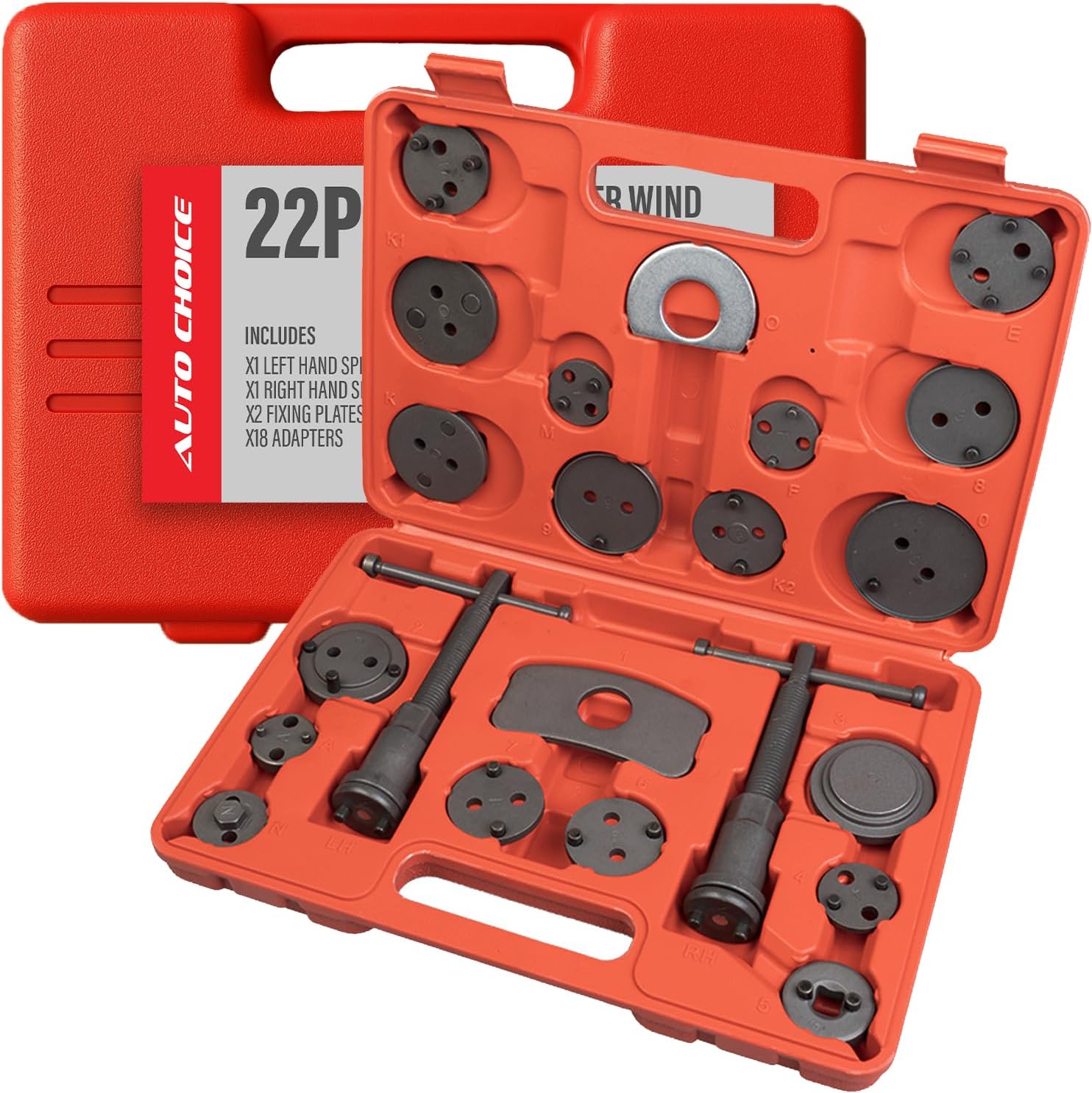 Xtremeauto 22pc Caliper Wind Back Tool Kit – Left & Right Hand Thread Spindles, 18 Universal Adapters & Plates – Brake Piston Rewind Tool Set with Case – For Brake Pad Replacement & Caliper Servicing