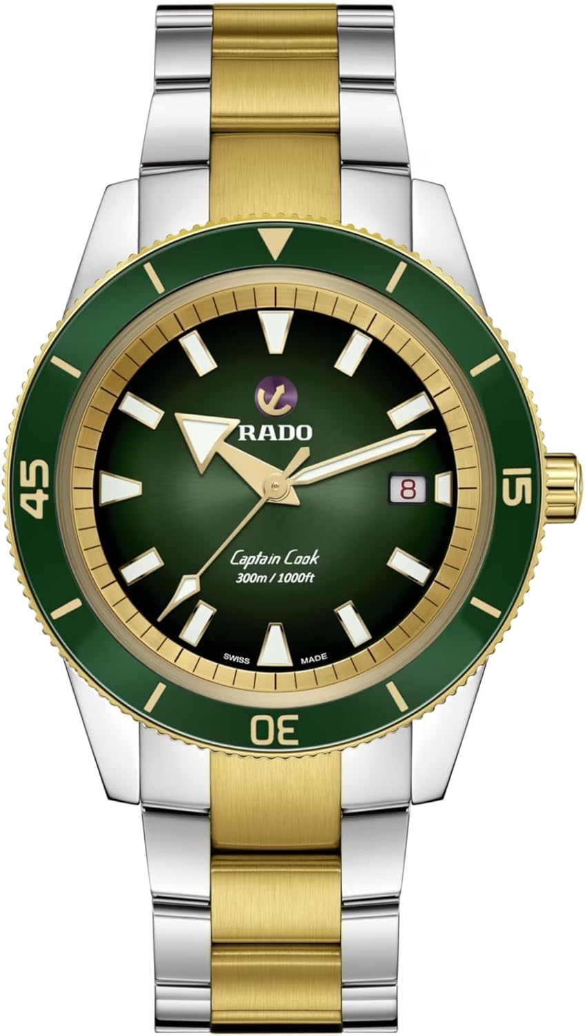 Rado Captain Cook Automatic Green Dial, Date Display, Super Luminova Indexes and Yellow Gold and Silver Bracelet
