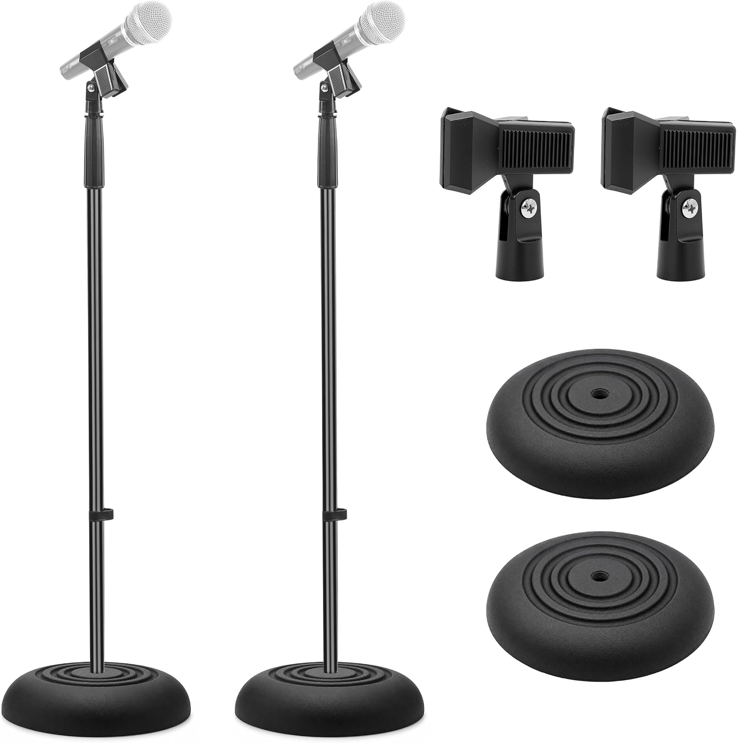 Pyle Universal Microphone Stand - Handheld Mic Compatible, Heavy Compact Base, Lightweight & Compact Design, 2.8 to 5 Ft Height Adjustable Clamp, Pivot Angle Clip, Home/Studio Use (Pair)
