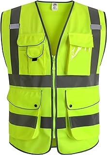 JKSafety 9 Pockets Class 2 High Visibility Zipper Front Safety Vest With Reflective Strips,Meets ANSI/ISEA Standard (Large, 150-Yellow)