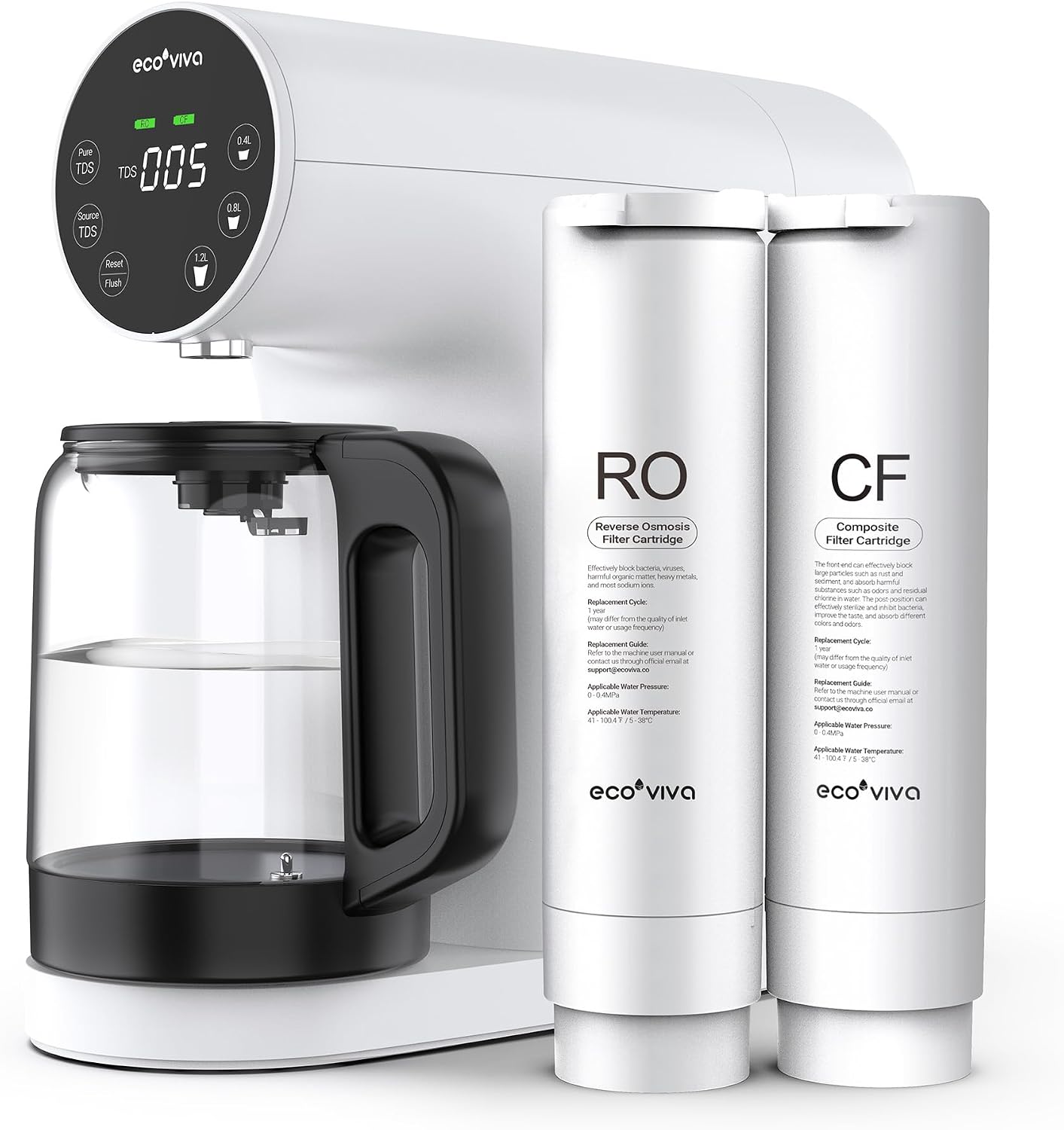 Ecoviva Countertop Reverse Osmosis Water Filtration System, Portable RO Water Filter Purifier with 4 Stage Filtration, 3:1 Pure to Drain, TDS Monitor, Faster Delivery Flow, Plug and Use - White