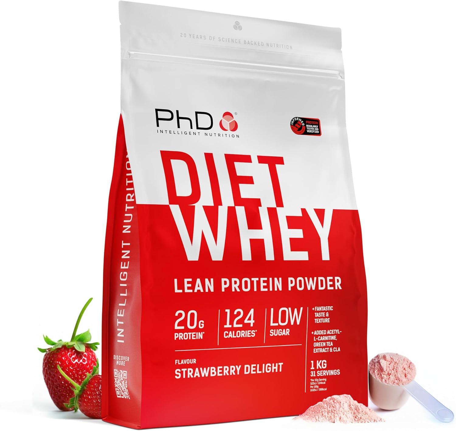 PhD Nutrition Diet Whey Low Calorie Protein Powder, Low Carb, High Protein Lean Matrix, Strawberry Delight Diet Whey Protein Powder, High Protein, 62 Servings Per 2 kg Bag