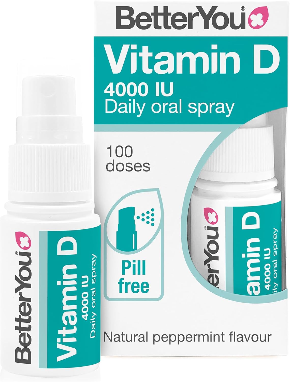 BetterYou Vitamin D3 4000 IU Oral Spray, Fast Acting High Strength Vitamin D3 Supplement, 3-Month Supply, Natural Peppermint Flavour, Made in The UK