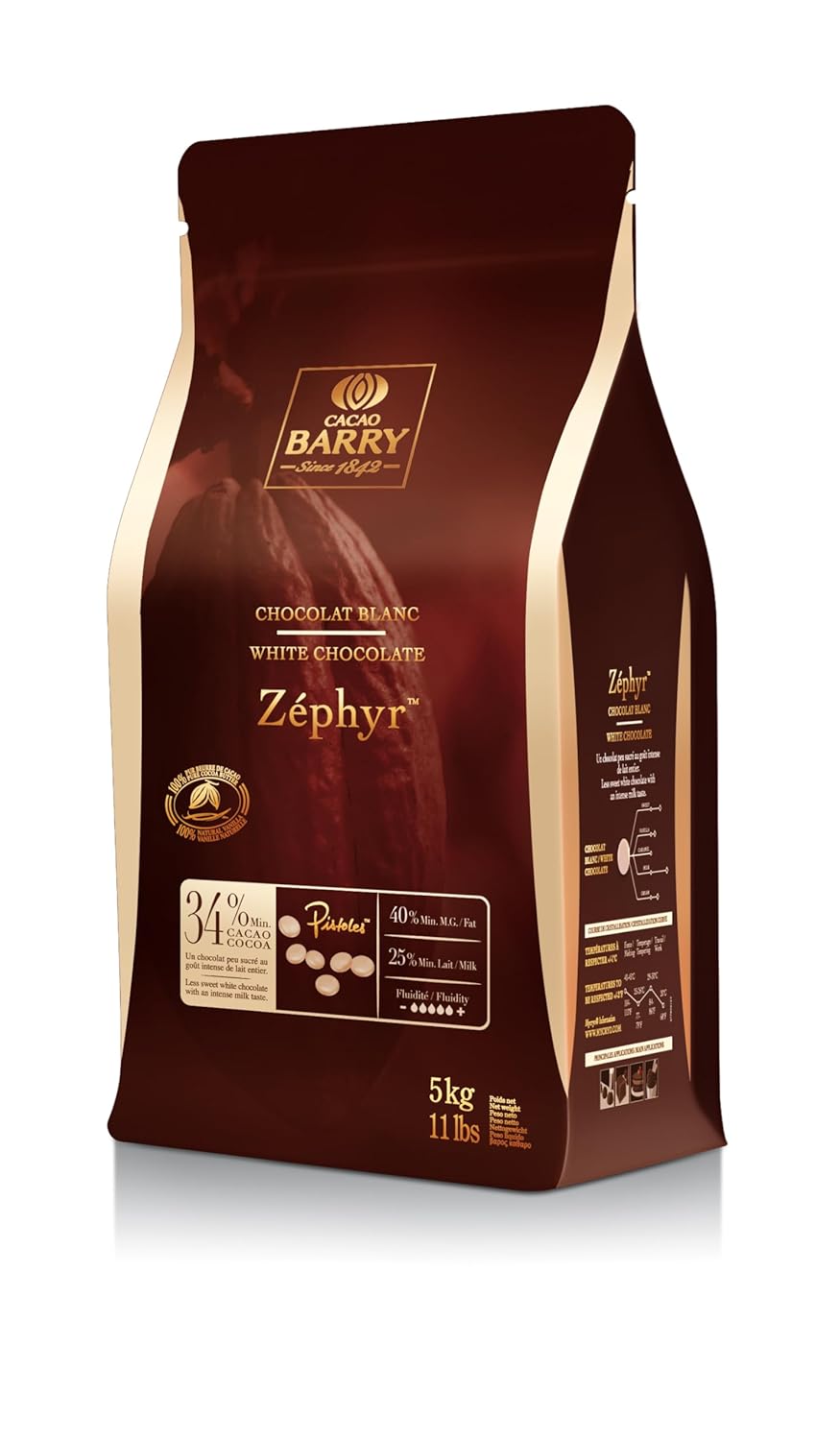 Cacao Barry Callebaut Zephyr White Chocolate Pistoles, Belgian, 34% Cacao, 5 kg, Kosher, Halal, Gourmet Chocolate for Chefs