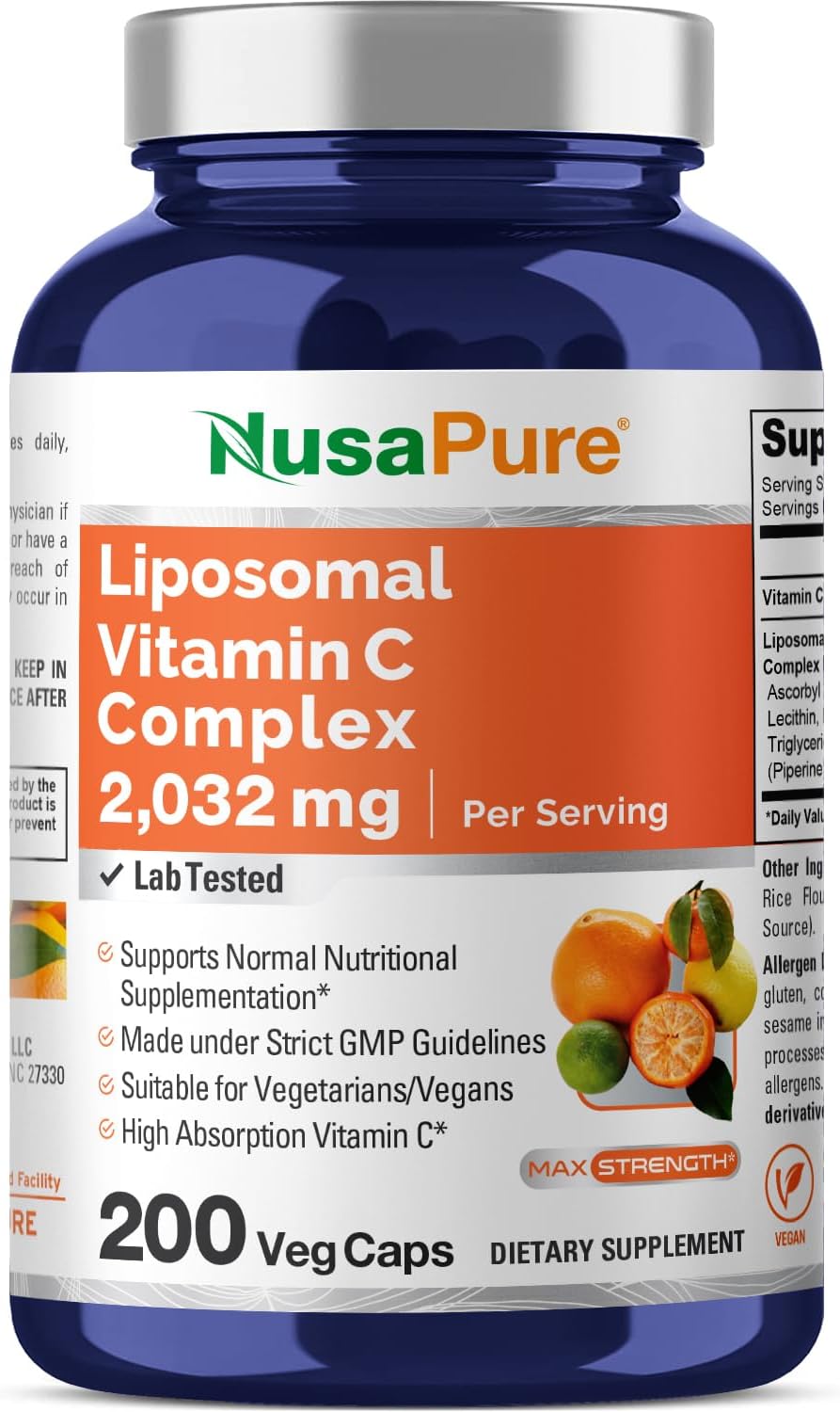 NusaPure Liposomal Vitamin C 2032mg - 200 Veggie Vegan Capsules, BioPerine - High Absorption Ascorbic Acid