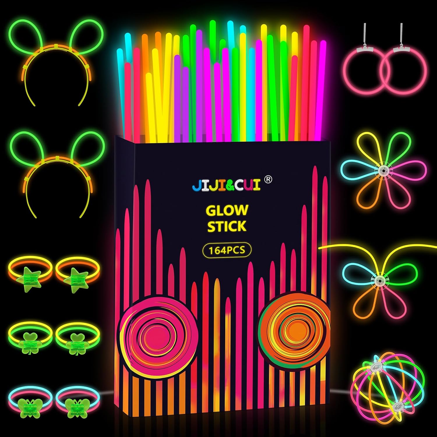 164pcs Glow Sticks, Glow Sticks Party Packs, Neon Glow Sticks Party Set, Glow in Dark Party Supplies Connectors for Glow Bracelets Flower, Glow Sticks Bulk Favors for Kids & Adult Party Decoration