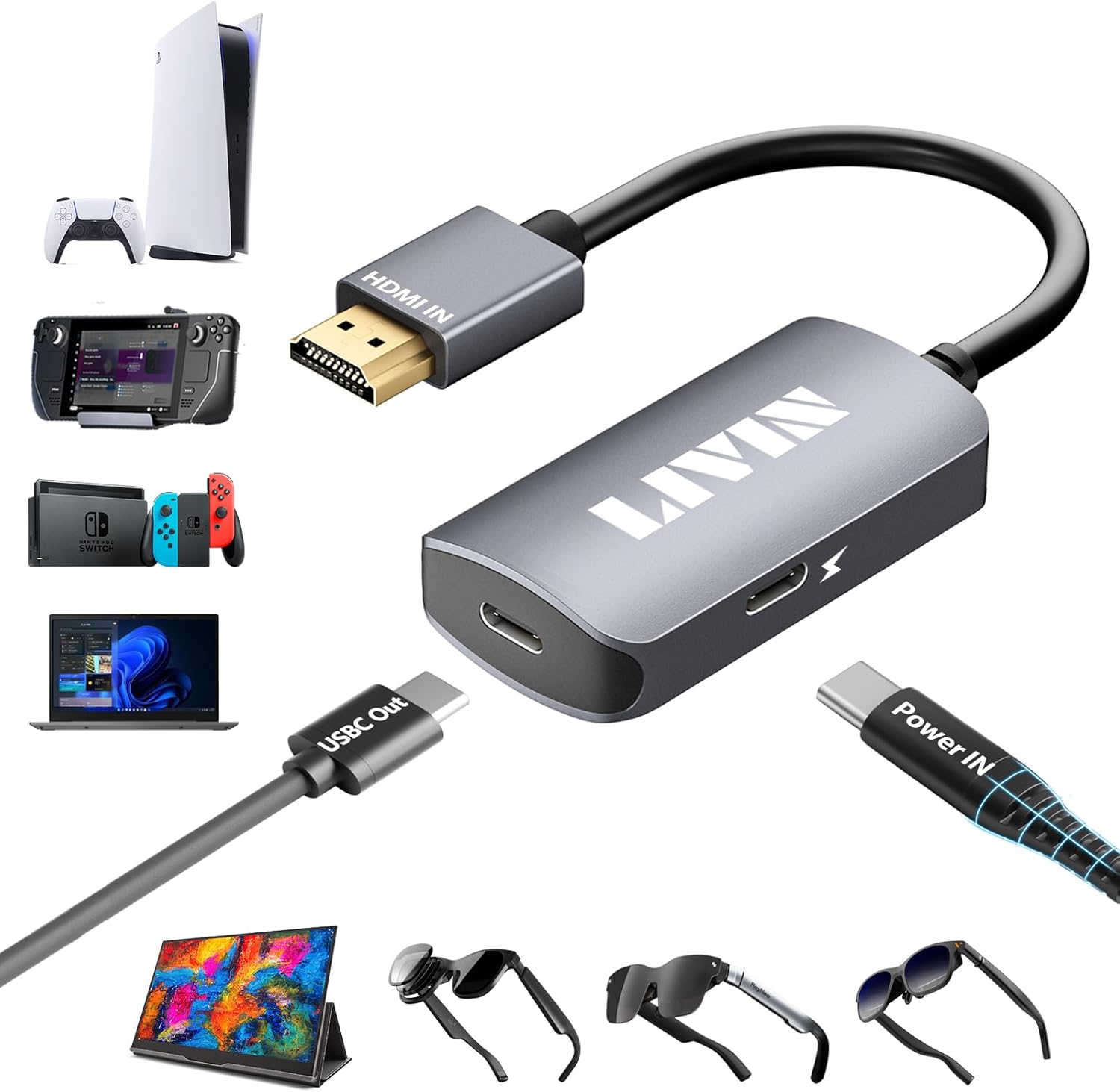 HDMI to USB C Adapter (4K@60Hz) Portable Monitor, AR Glasses XREAL One、Air 2 Pro/VITURE Pro/RayNeo Air 2s/Rokid, HDMI Male(Source) to USB C Female(Display) Laptop,Switch,ROG Ally,Steam Deck,PS4/5,Xbox