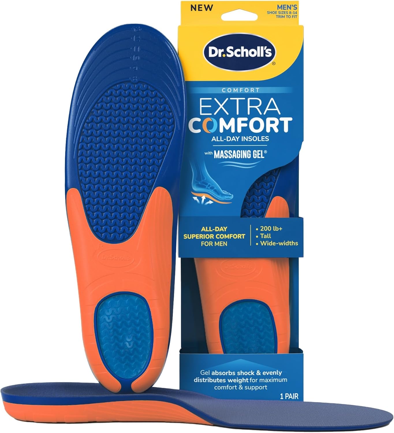 Dr. Scholl’s Extra Comfort Support Insoles Men, Size 8-14, 1 Pair: All-Day Comfort Shoe Inserts with Massaging Gel for Big & Tall Men, 200lbs+, Wide Feet - Arch Support Inserts for Men, Trim to Fit