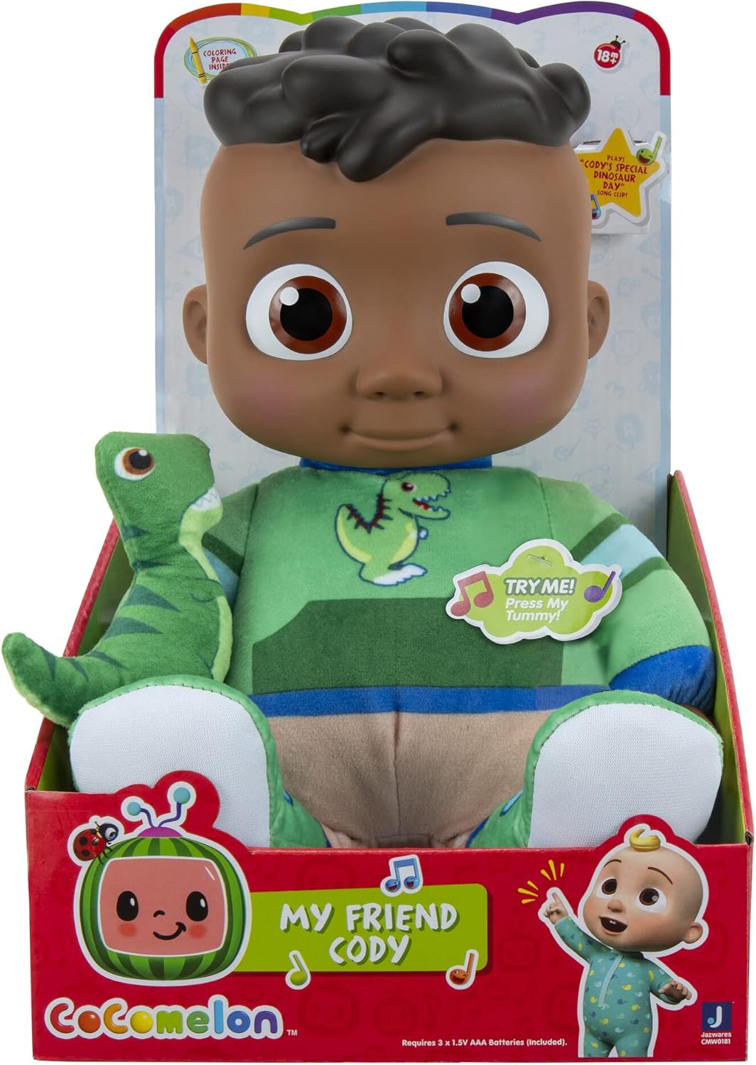 CoComelon My Friend Cody with Dinosaur Plush - Plays ‘Cody’s Special Dinosaur Day’ Song Clips - Press Tummy for Music and Phrases - Toys for Preschoolers