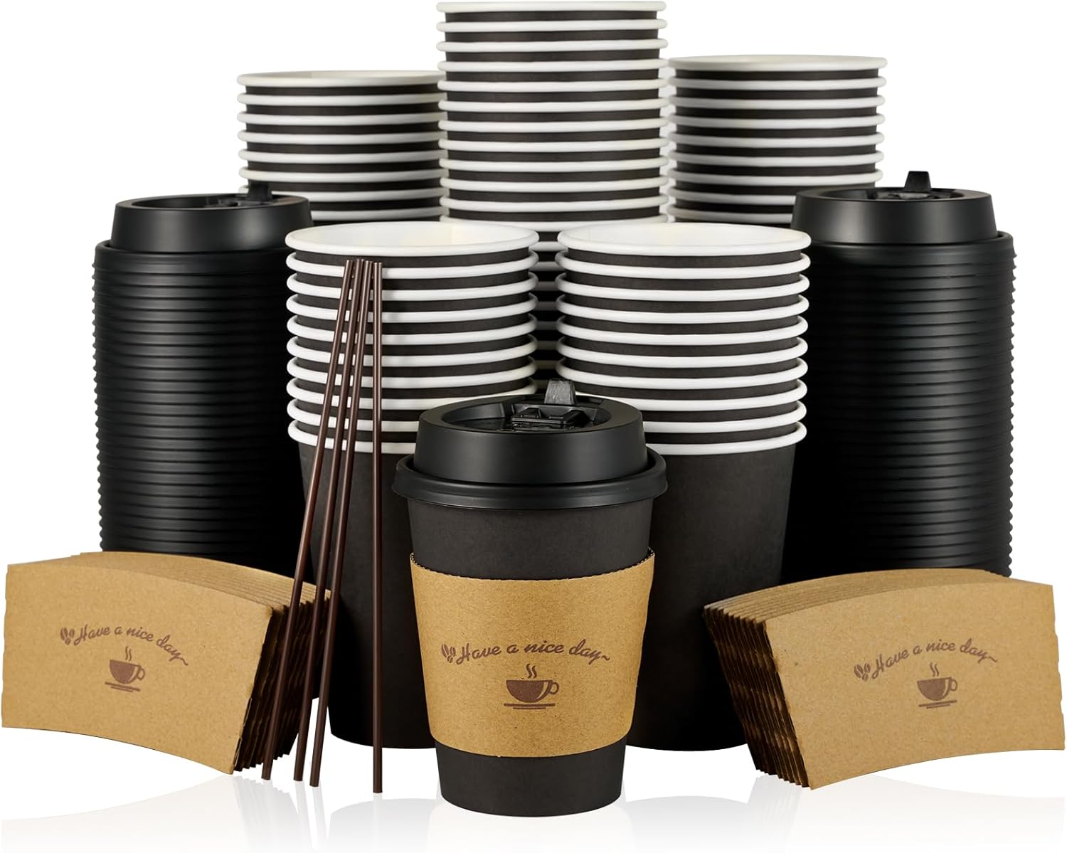 LITOPAK 100 Pack 12 oz Paper Coffee Cups, Drinking Cups for Hot Coffee Chocolate Drinks, Disposable Coffee Cups with Lids, Sleeves and Stirring Sticks, Black Hot Coffee Cups for Home and Cafes