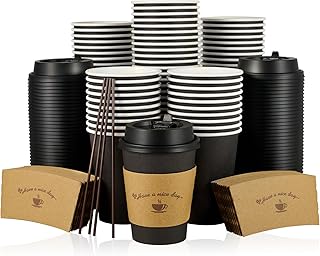 LITOPAK 100 Pack 12 oz Paper Coffee Cups, Drinking Cups for Hot Coffee Chocolate Drinks, Disposable Coffee Cups with Lids, Sleeves and Stirring Sticks, Black Hot Coffee Cups for Home and Cafes