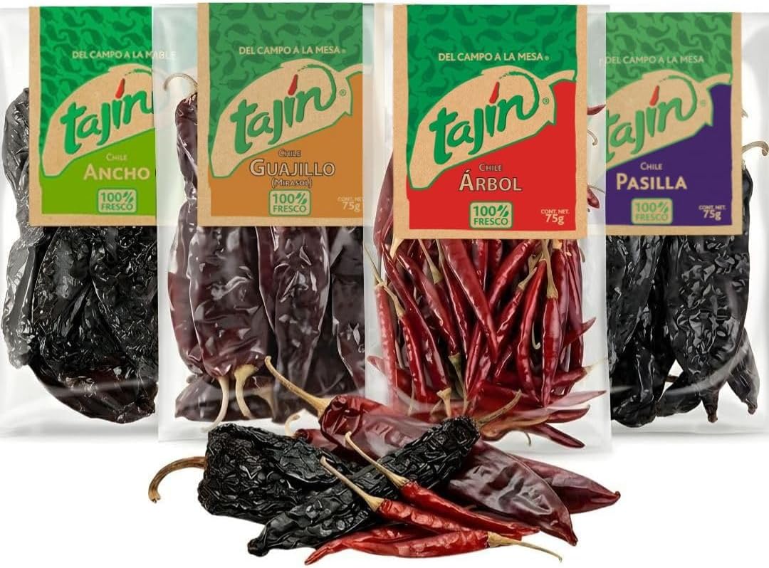 Tajin Mexican Dried Chillies Set | 1 x Guajillo Chillies 75g 1 x Ancho Chilli 75 1 x Arbol Chillies 75 1 x Pasilla Chilli 75g