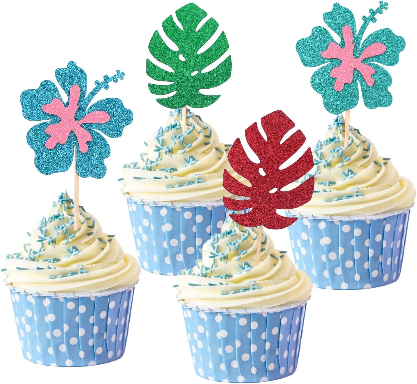 SAVITA 24pcs Tropical Cupcake Toppers, Glitter Aloha Flower Cupcake Topper Cake Decorations Summer Hawaiian Theme Luau Party Supplies for Baby Shower & Birthday Celebrations ﻿