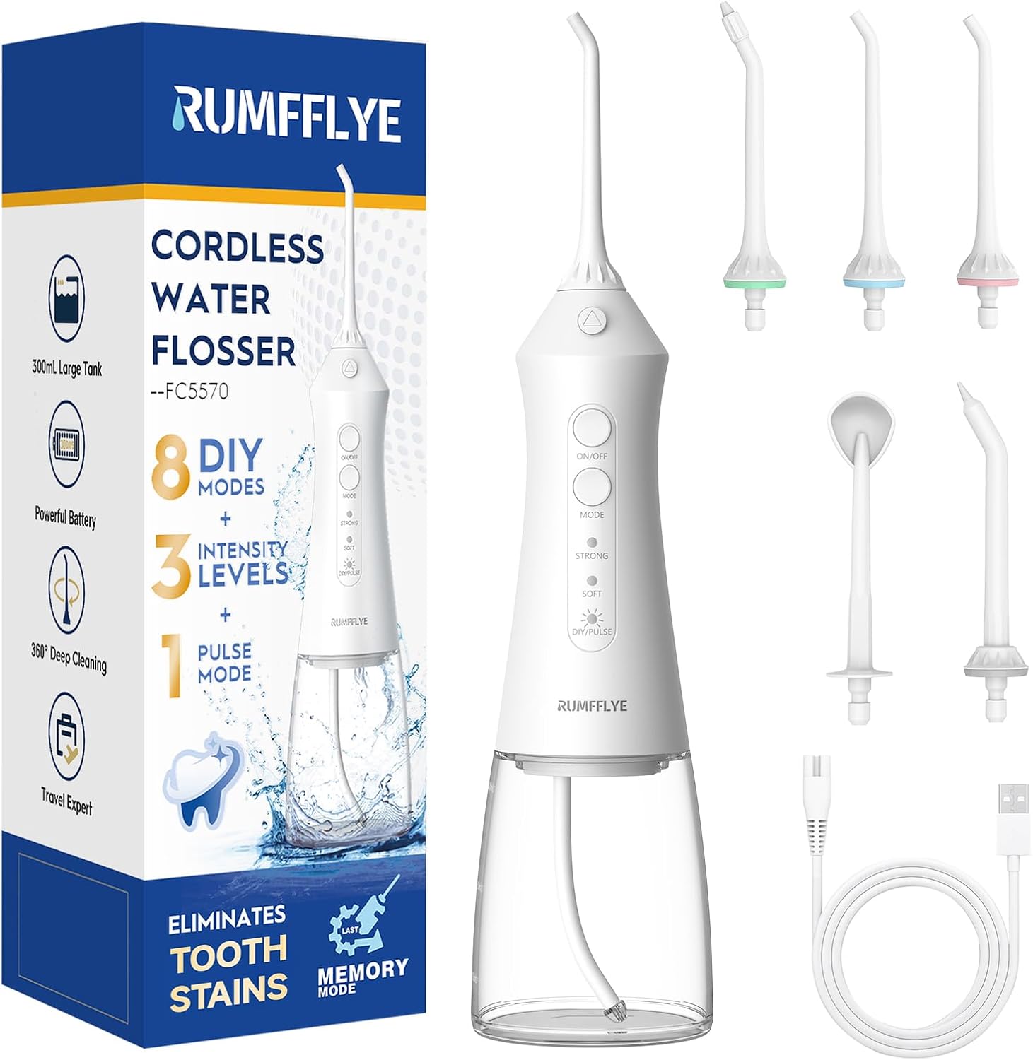 Water Flosser for Teeth Cordless Water Pick 4 Modes 12 Levels Dental Water Flosser 30OML 5 Jet Tips IPX7 Electric Flosser for Teeth Cleaning Rechargeable Oral Irrigator Dental for Travel Home