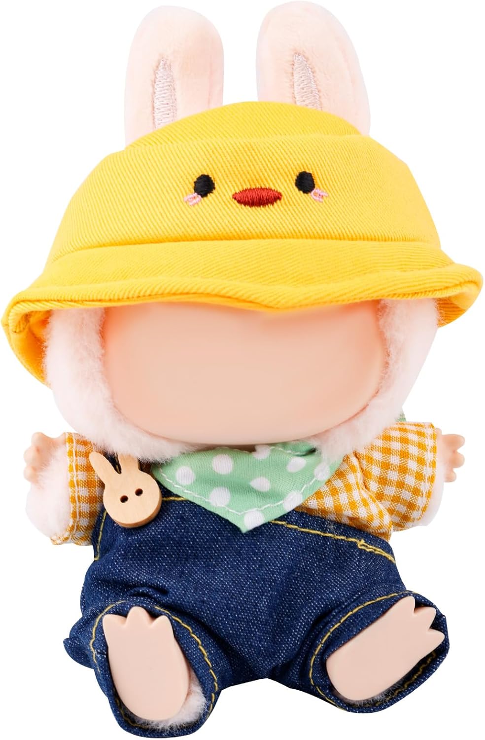 Gosknor Clothes Set for 6.7in Doll, Adorable Outfit Includes Dark Overalls Pants Yellow Hat Plaid Top and Polka Dot Scarf Plush Toy Dress Up Costume Dolls Accessories for Play & Display