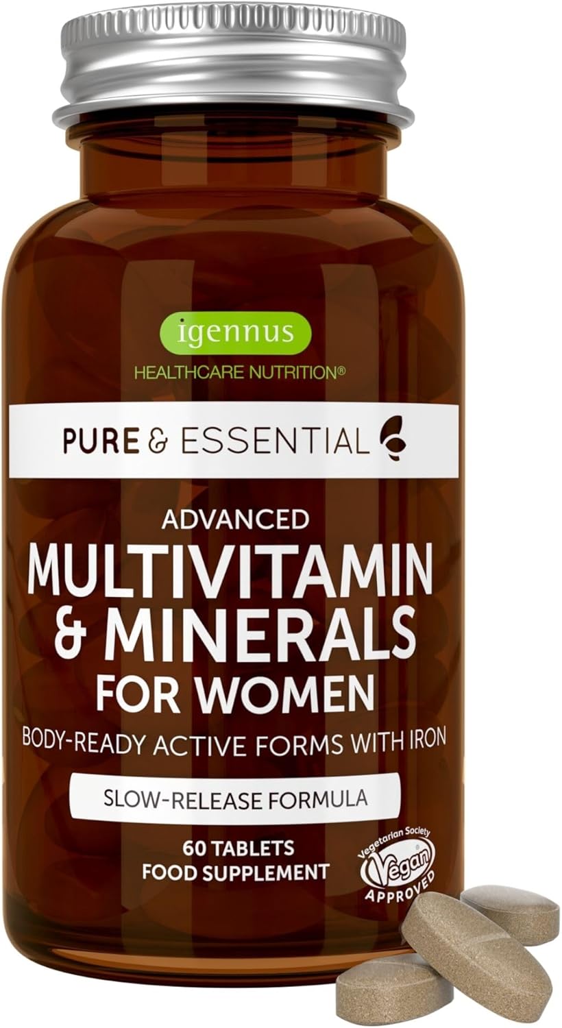 Igennus Methylated Women's Multivitamin with Gentle Iron, 21 Active Nutrients, Pure & Clean, High Strength B-Vitamins, Easy-to-Swallow, Sustained Release, 60 Vegan Tablets, 30 Servings