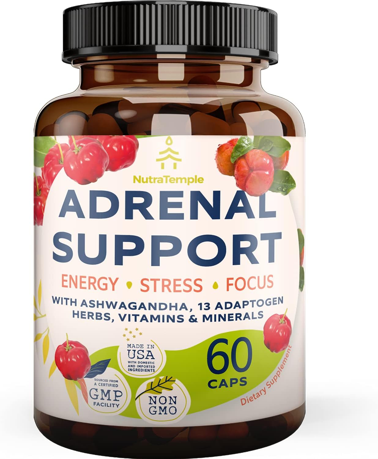 Adrenal Support & Cortisol Manager – Extra Strength Adrenal Fatigue Supplements for Energy, Brain Fog with Ashwagandha, Rhodiola Rosea, L Thyrosine, Holy Basil – 60 Non GMO Pills