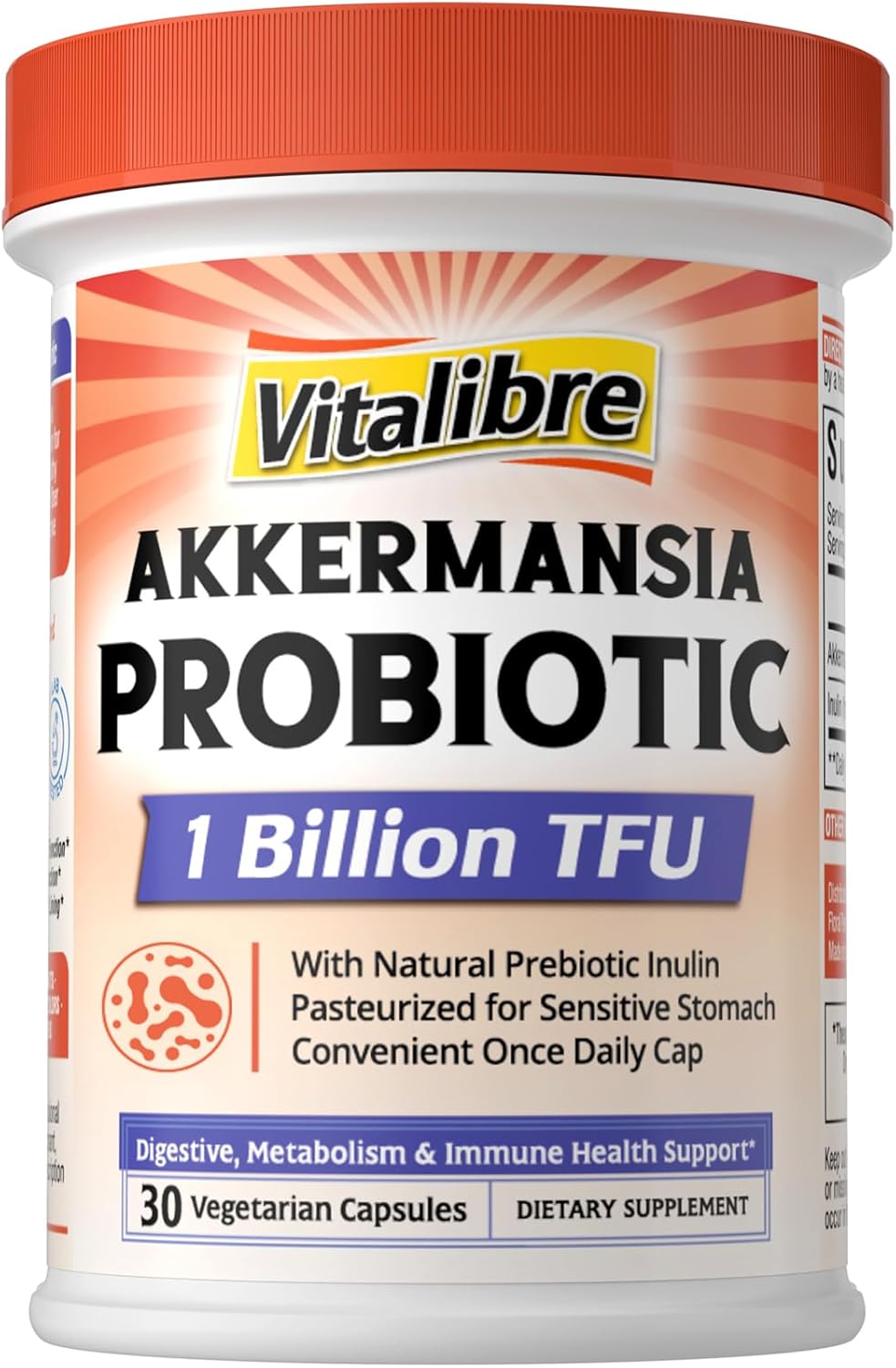 Akkermansia Muciniphila Probiotic 1 Billion TFU, w/Natural Prebiotic Inulin, Naturally Increases GLP-1, Healthy Digestion & Metabolism, Probiotic Supplement for Women & Men, 30 Capsules