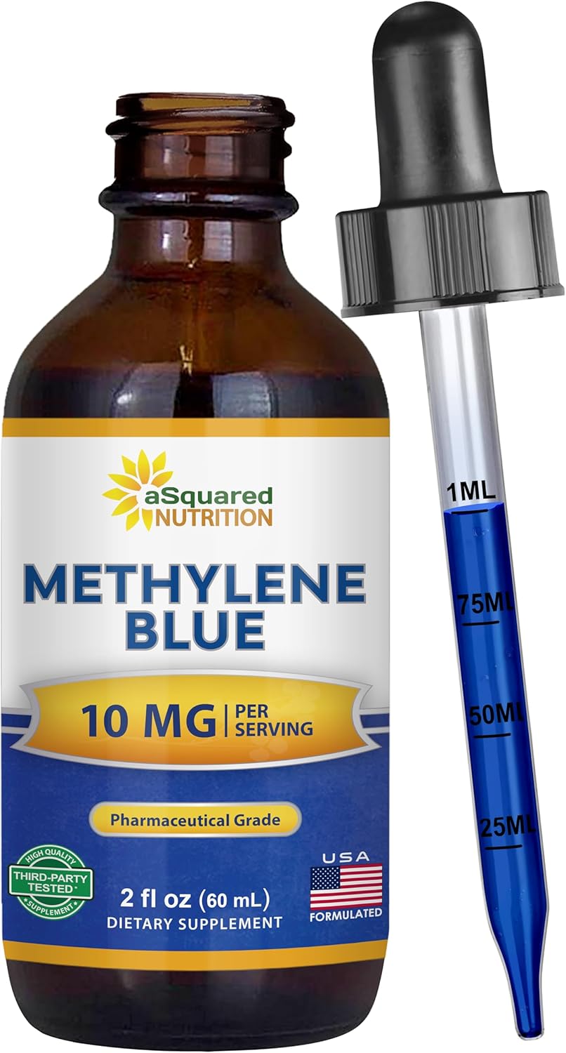 aSquared Nutrition Methylene Blue Drops - 1% Pharmaceutical Grade Liquid Supplement for Humans - 10mg USP Grade w/Vitamin C - No Formaldehyde - Brain & Energy Alternative to Capsules (2 fl oz)