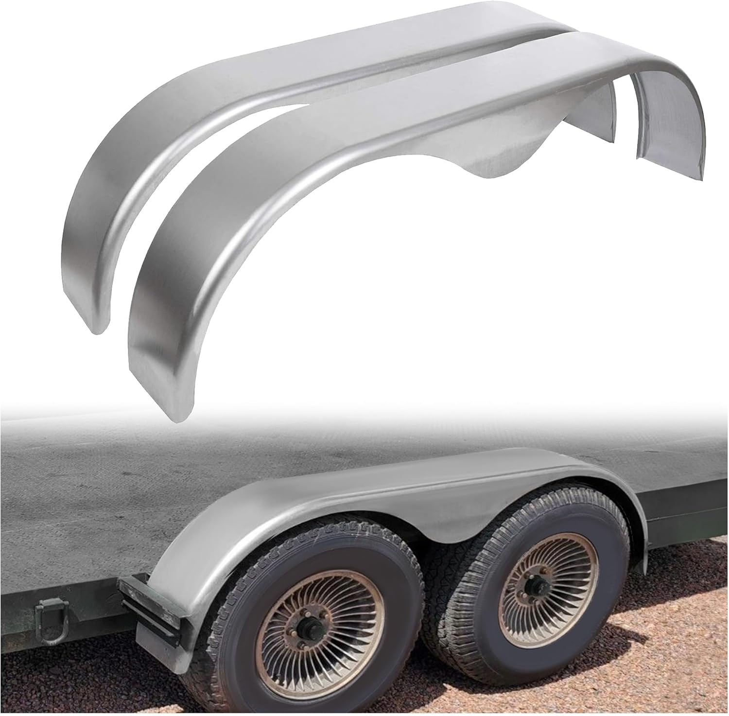 ECOTRIC 2Pcs Tandem Trailer Fender Double Axle Compatible with 13-15 Inch Wheels Teardrop Pair Enclosed Trailers 66.5" x 9" x 18.37" - Cold Rolled Steel