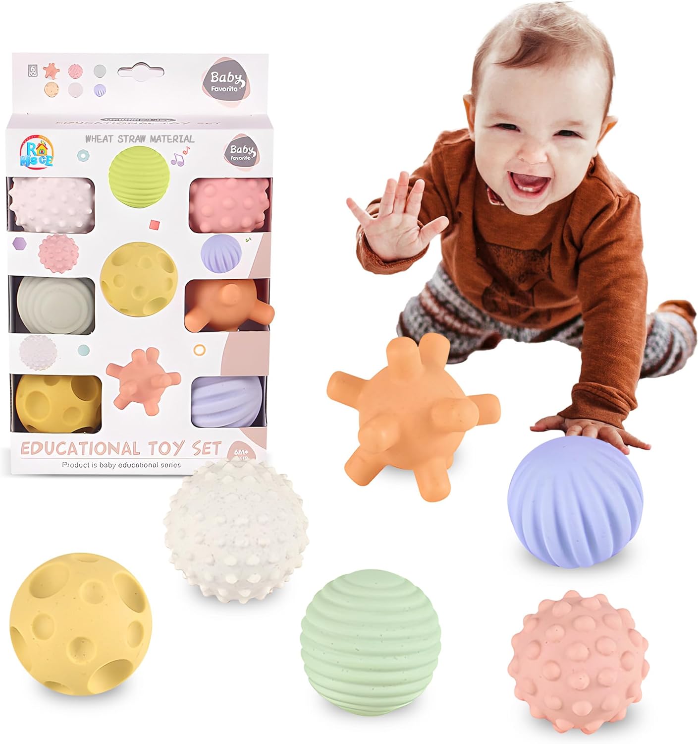 Sensory Balls for Babies,Ball for Toddlers 1-3, Soft & Textured Montessori Baby Toys 6 to 12 Months,Wheat Straw Soft Montessori Toys for Babies