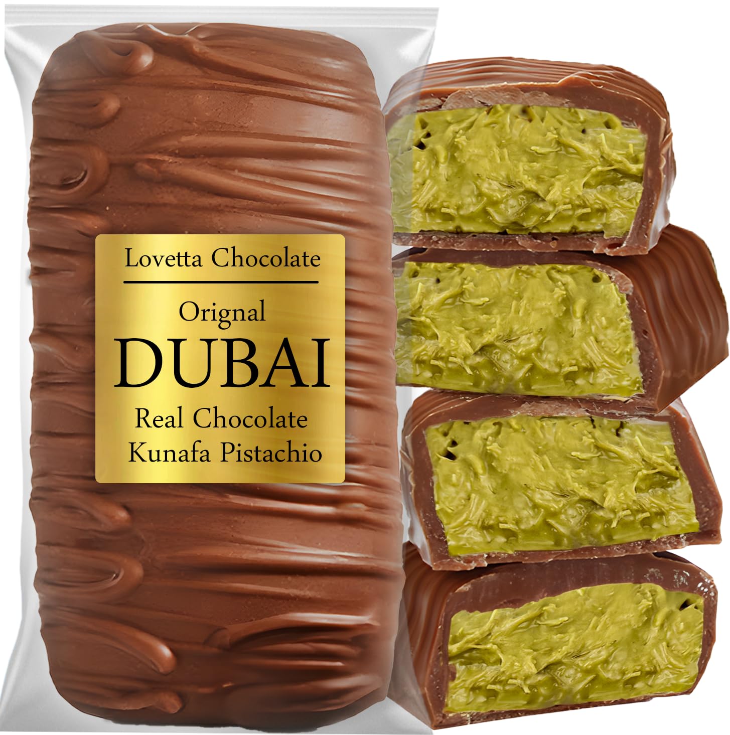 Dubai Chocolate Bar Pistachio Knafeh - Luxury Rich Milk Chocolate, Individually Wrapped Fresh, Premium Pistachio Cream Katafi Filling (1 Pack)
