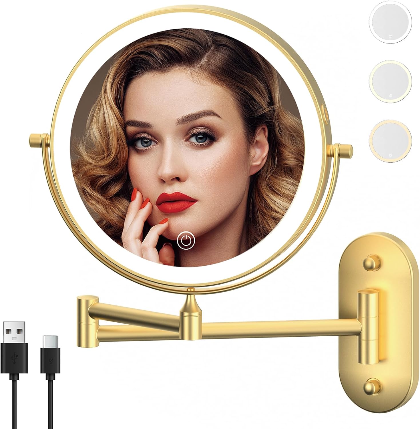 Rechargeable Wall Mounted Lighted Makeup Vanity Mirror 8 Inch Double Sided 1X 10X Magnifying Bathroom Mirror, 3 Color Lighting, Touch Screen Dimming, 360 Rotation Shaving Mirror