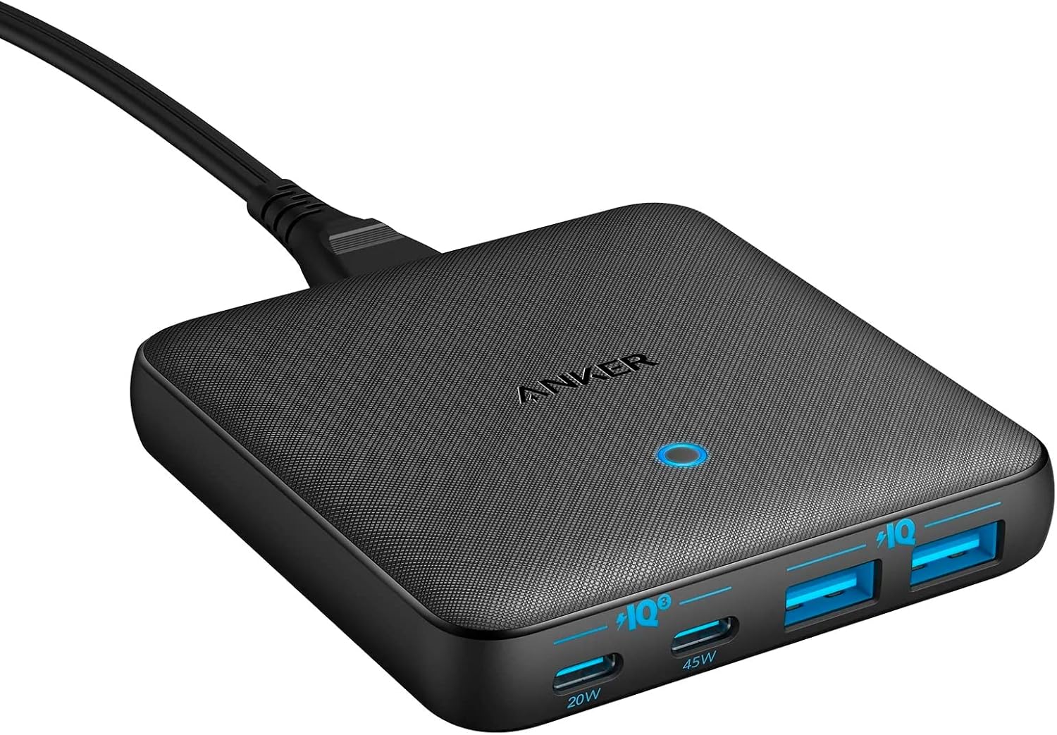 Anker USB C Plug, 543 (65W II) PIQ 3.0 and GaN, 4-Port Fast Wall Charger with Dual Type C Ports (45W Max) for Efficient Charging, Compatible with MacBook, iPad, iPhone, USB C Laptop, and More