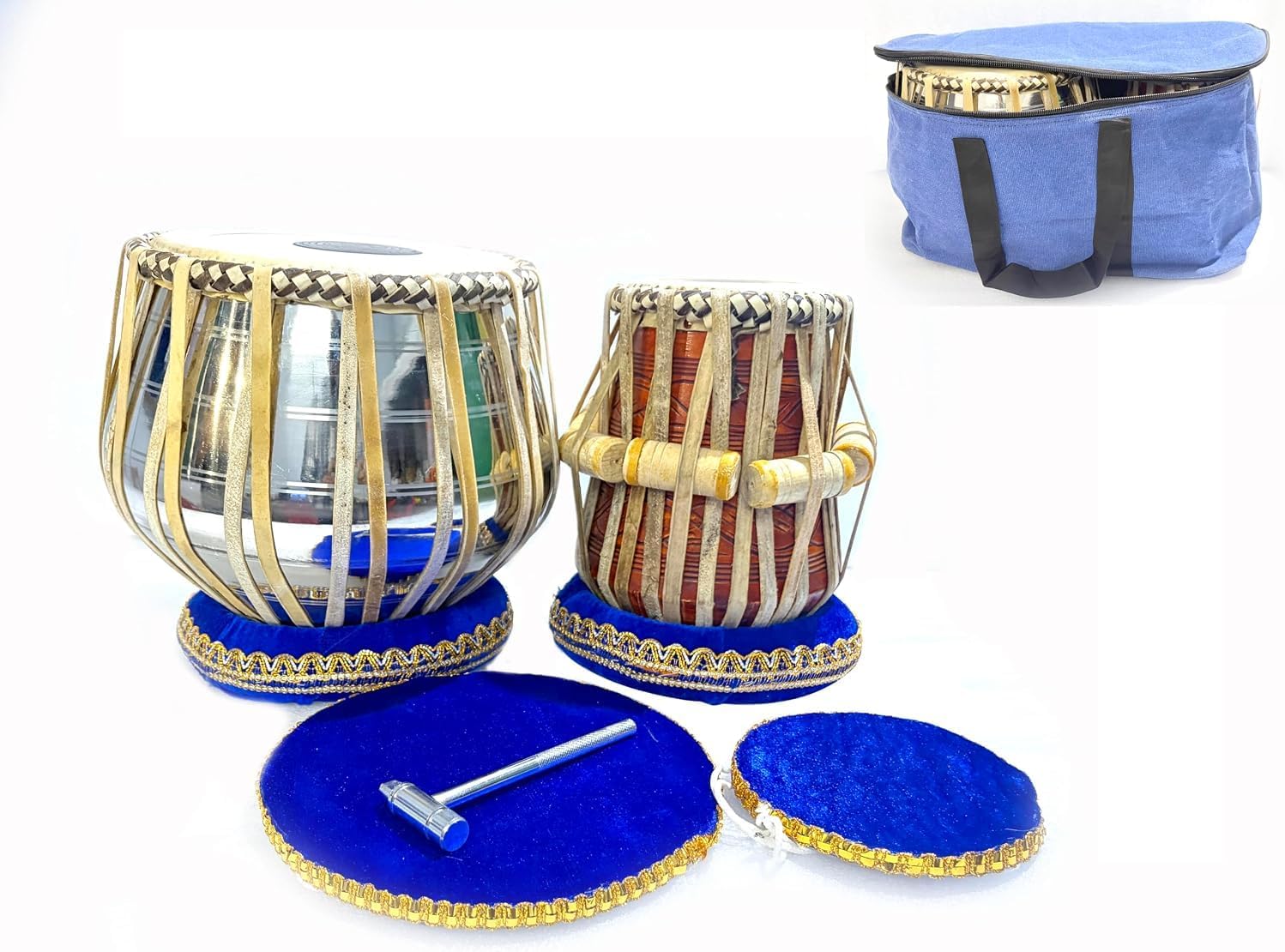 Basic Tabla Set, Student Tabla Set, Steel Bayan, Dayan, Hammer, Cushions & Cover - Perfect Tablas for Students and Beginners, Tabla Drums, Indian Hand Drums